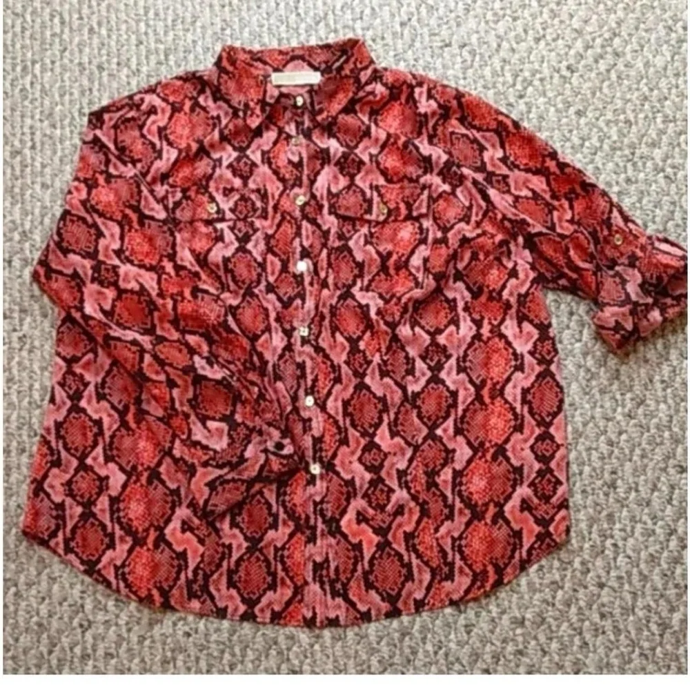 MICHAEL KORS silky red/copper snake print button down blouse sz 3X